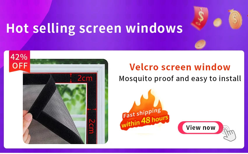 A black magnetic screen door curtain with Velcro installation shown next to a window frame.
