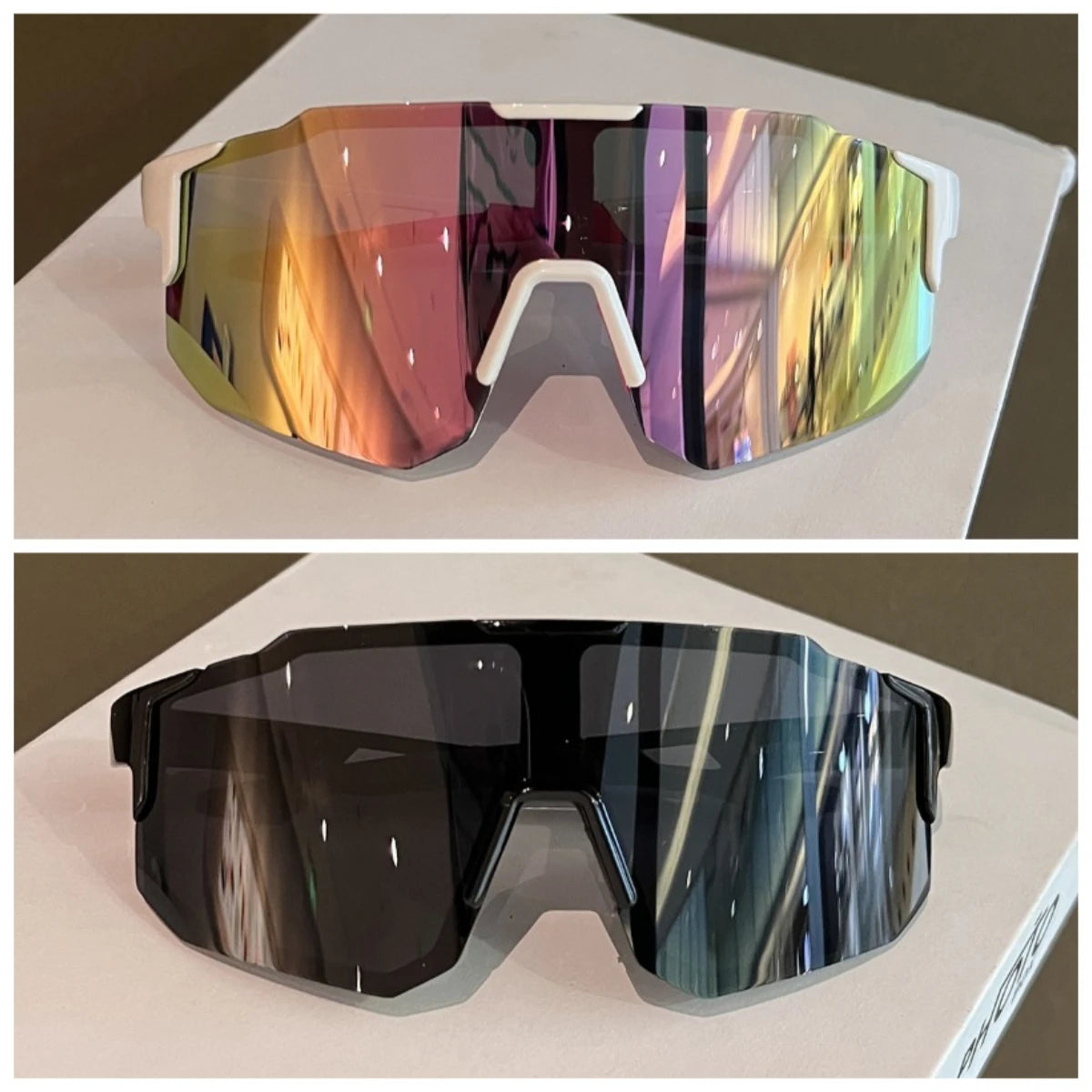 A pair of polarized sunglasses with a gradient lens showing vibrant colors and reflections.