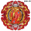 A red and gold battle spinning top with metal construction, featuring an intricate, fiery design.