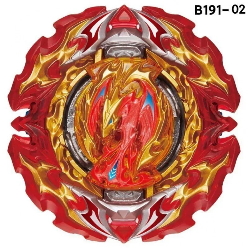A red and gold battle spinning top with metal construction, featuring an intricate, fiery design.