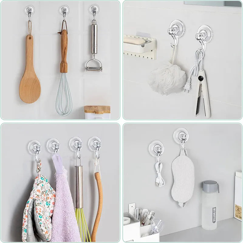 A collection of heavy-duty transparent suction cup hooks for various household uses like showering and window display.
