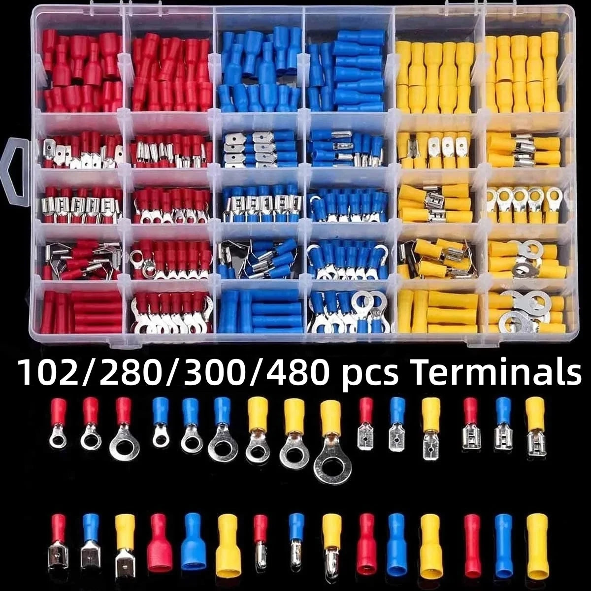 A plastic kit containing various insulated wire crimp terminals in assorted colors and sizes.