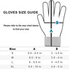 A size guide chart showing measurements for gloves sizes S, M, L, and XL with corresponding hand diagrams.