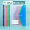 A transparent A4 binder with six colored pockets and a clear sheet inside.