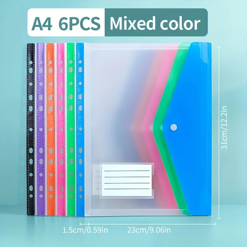 A transparent A4 binder with six colored pockets and a clear sheet inside.