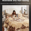A beige weighted plush blanket is displayed on a bed, emphasizing its washable and non-fading qualities.