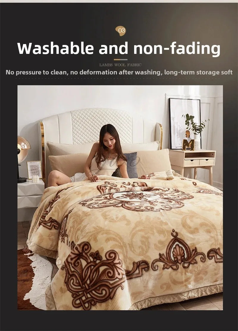 A beige weighted plush blanket is displayed on a bed, emphasizing its washable and non-fading qualities.