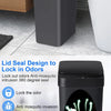 A black touchless motion sensor trash can with an airtight lid designed to lock in odors and prevent mosquito invasion.