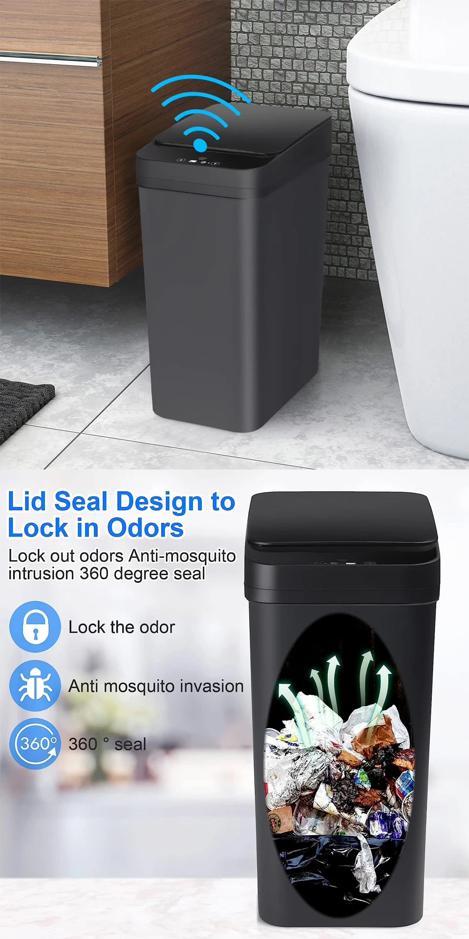 A black touchless motion sensor trash can with an airtight lid designed to lock in odors and prevent mosquito invasion.