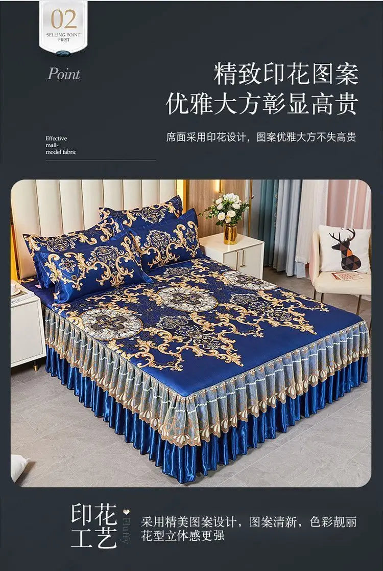 4-Piece Royal Blue Bedding Set with Bed Skirt and Pillow Covers
