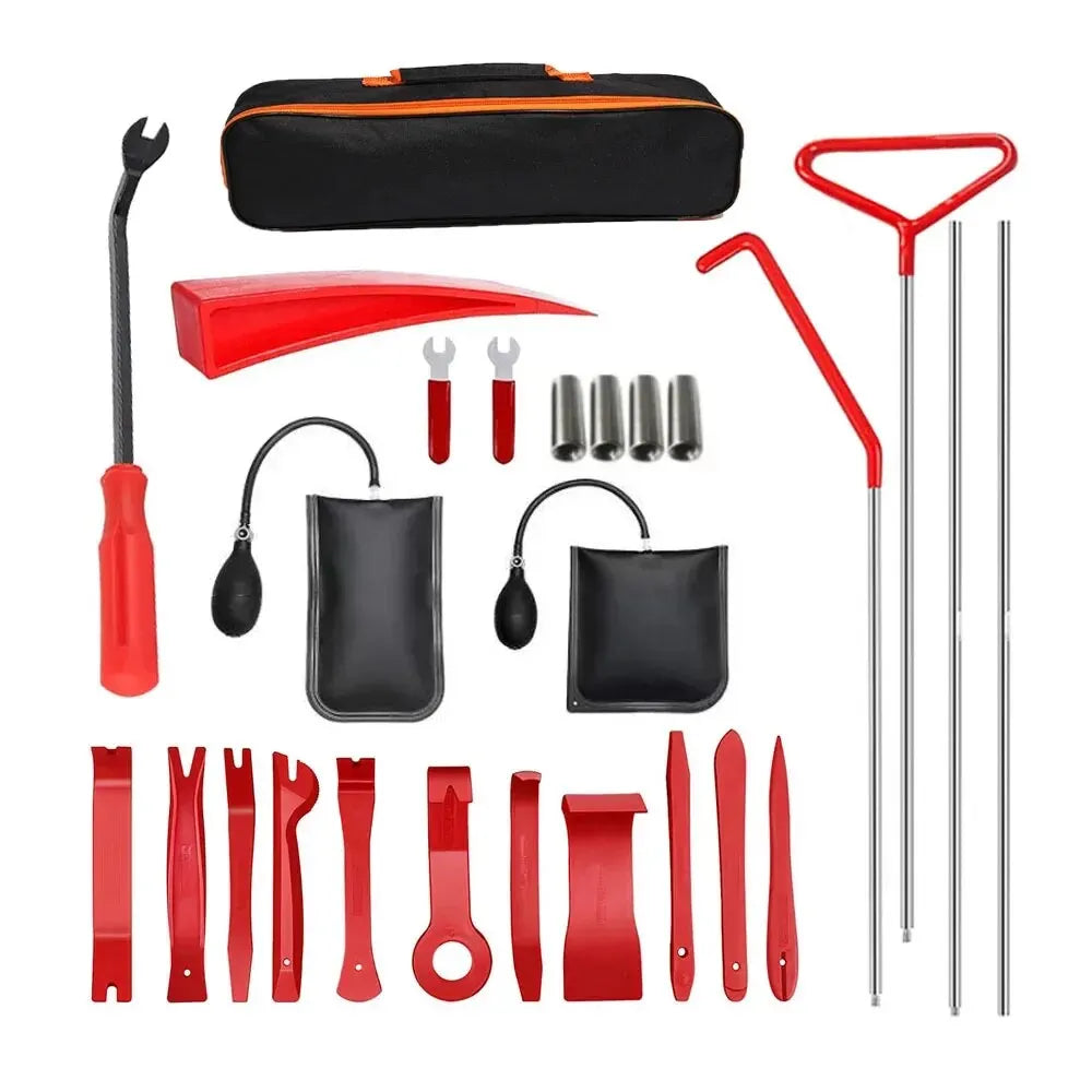 A kit of red and black emergency car door unlock tools including an air wedge, grabber, and various opening implements.