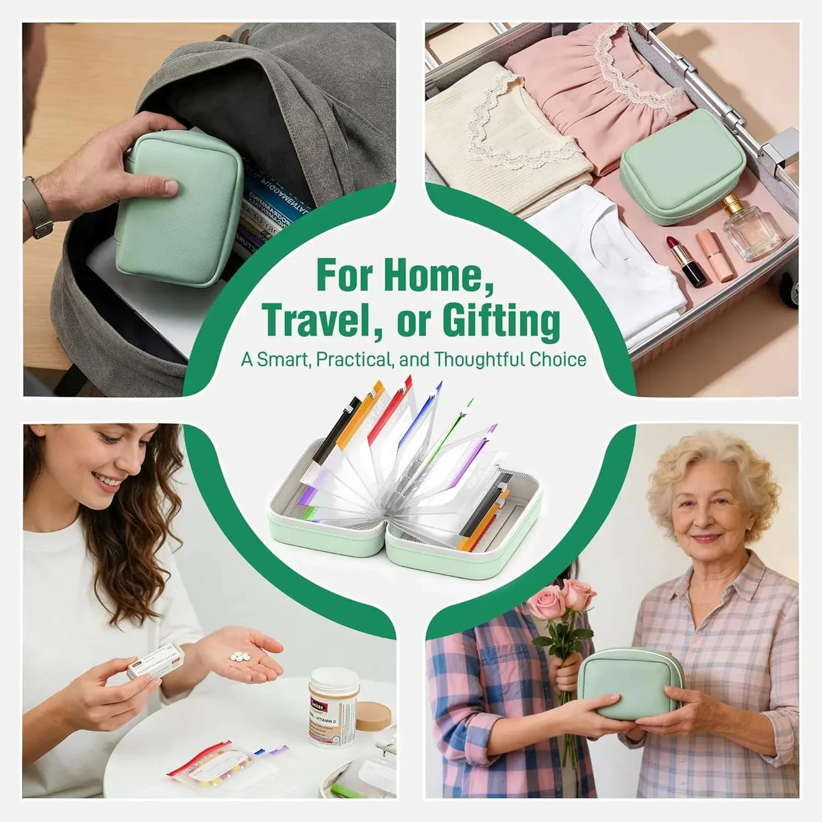 A set of 7-day waterproof pill organizers with 14 color-coded pouches shown in various contexts for home, travel, and gifting