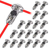A pack of ten silver T-tap wire connectors used for solderless connections, shown attached to a red wire.
