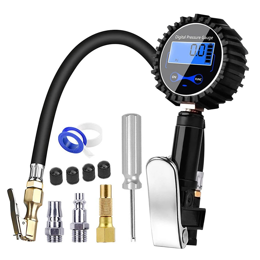A digital tire pressure gauge set including a gauge, inflation gun, and various adapters for measuring tire pressure.