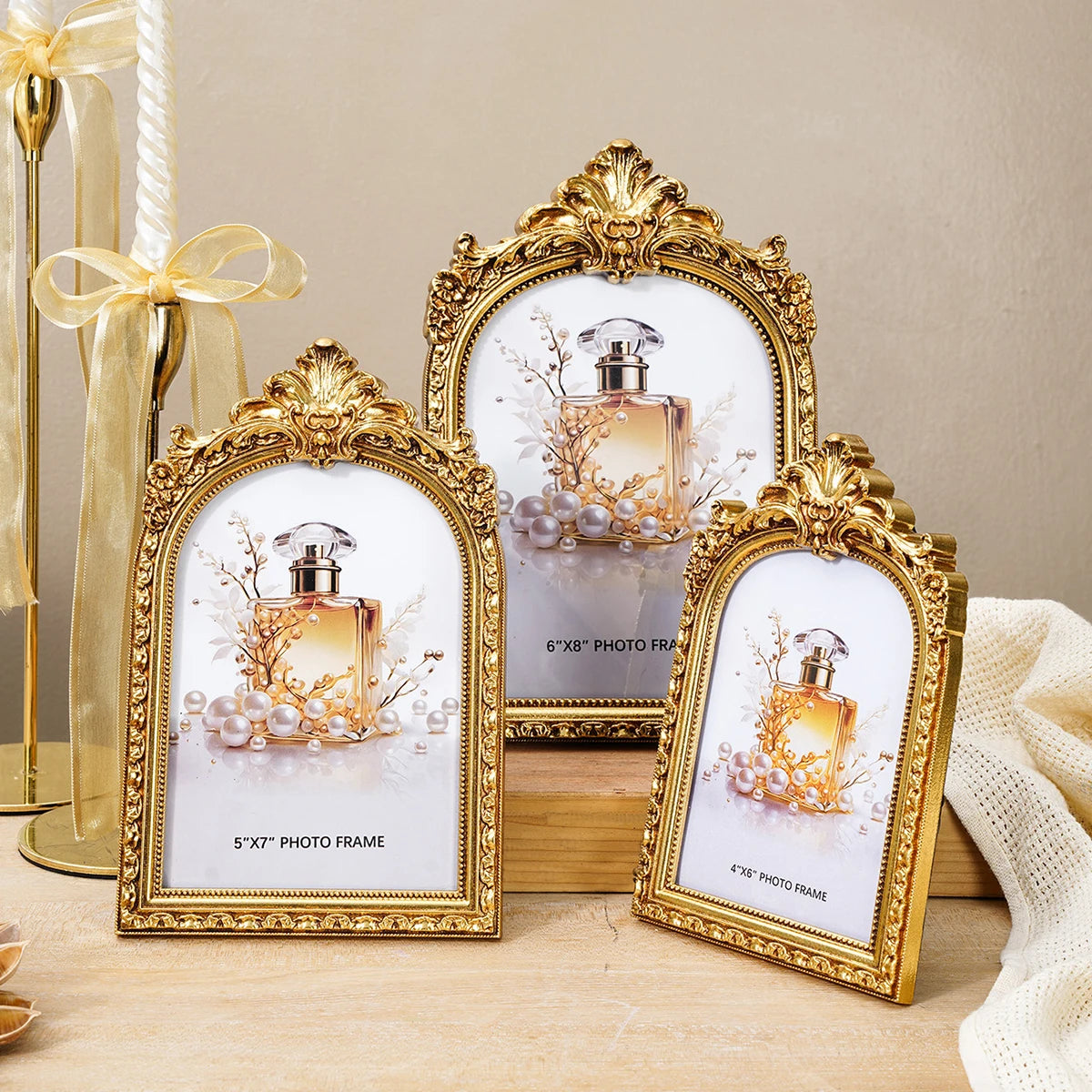 European Retro Arch Photo Frame with Golden Lace Design