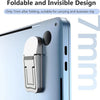 A close-up of a blue laptop with a foldable and invisible design feature installed on the side.
