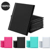 A collection of black and pink bubble mailers, including a stack of 100 black padded self-seal shipping envelopes.