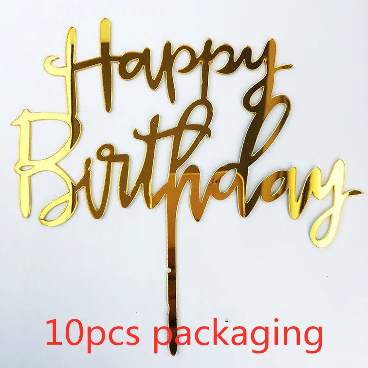 Gold Acrylic Happy Birthday Cake Toppers (Set of 10)