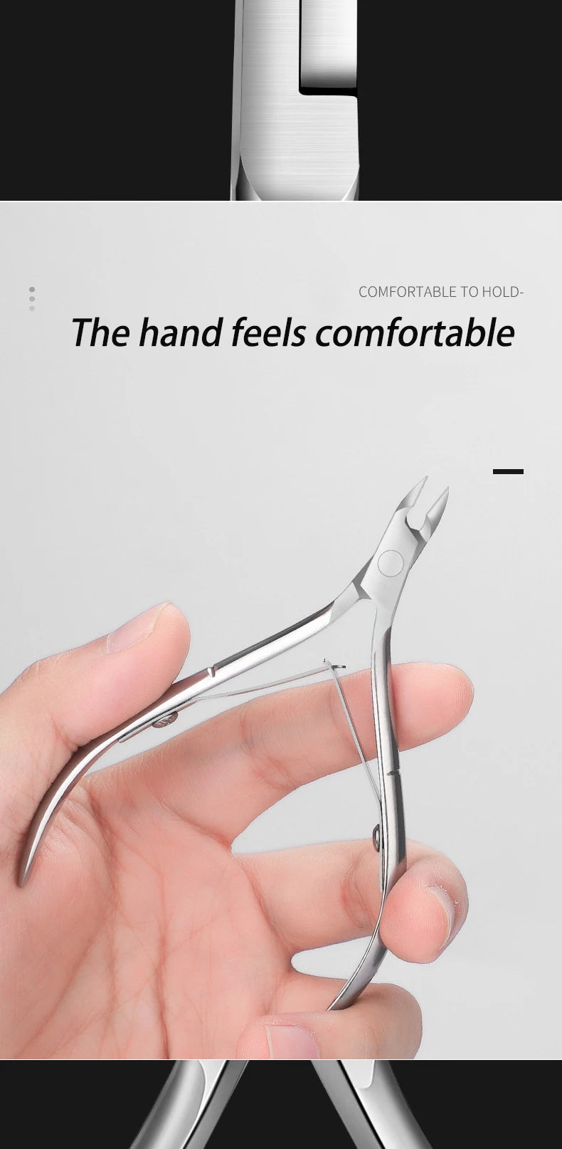 A hand holds professional stainless steel cuticle nippers, demonstrating a comfortable grip.