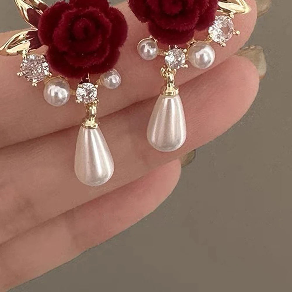Vintage Velvet Rose Pearl Earrings for Women