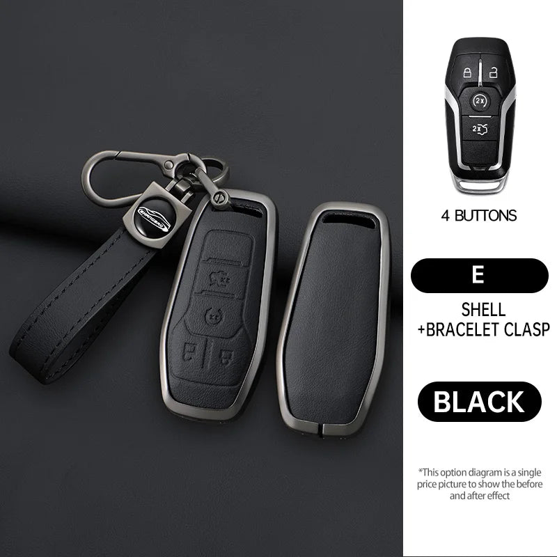 A black car key case cover with a bracelet clasp and four buttons shown next to a leather strap.