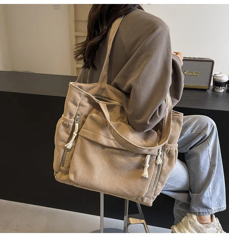 Classic Corduroy Tote Bag with Multiple Pockets