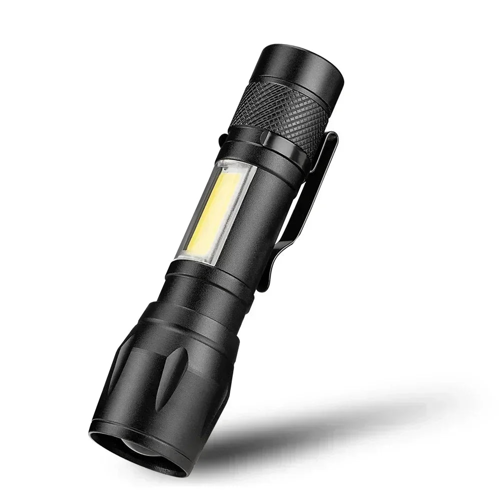A black P50 Tactical LED flashlight with a textured grip and a clear light source.