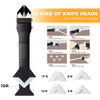 A set of five knife heads with different angles and various silicone pads for caulk work.