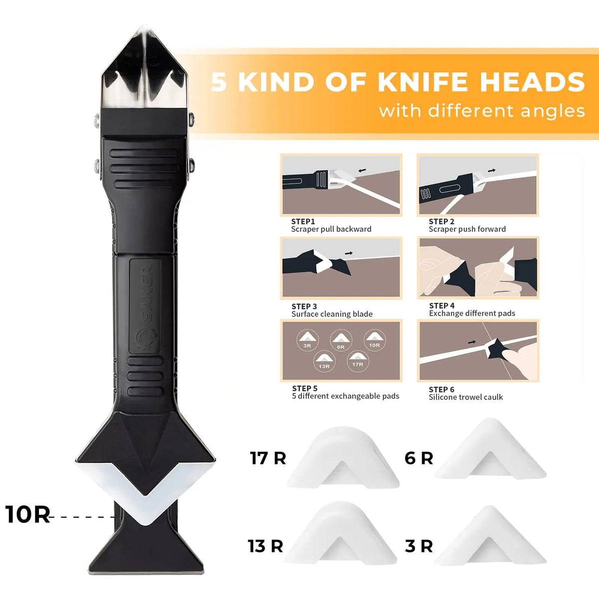 A set of five knife heads with different angles and various silicone pads for caulk work.