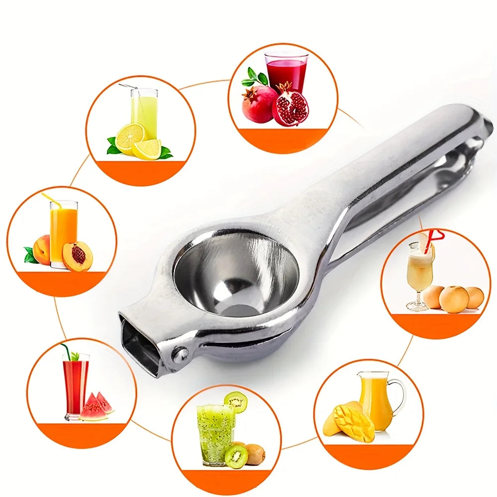 Stainless steel manual lemon juicer shown with various citrus fruits and juice in an infographic layout.