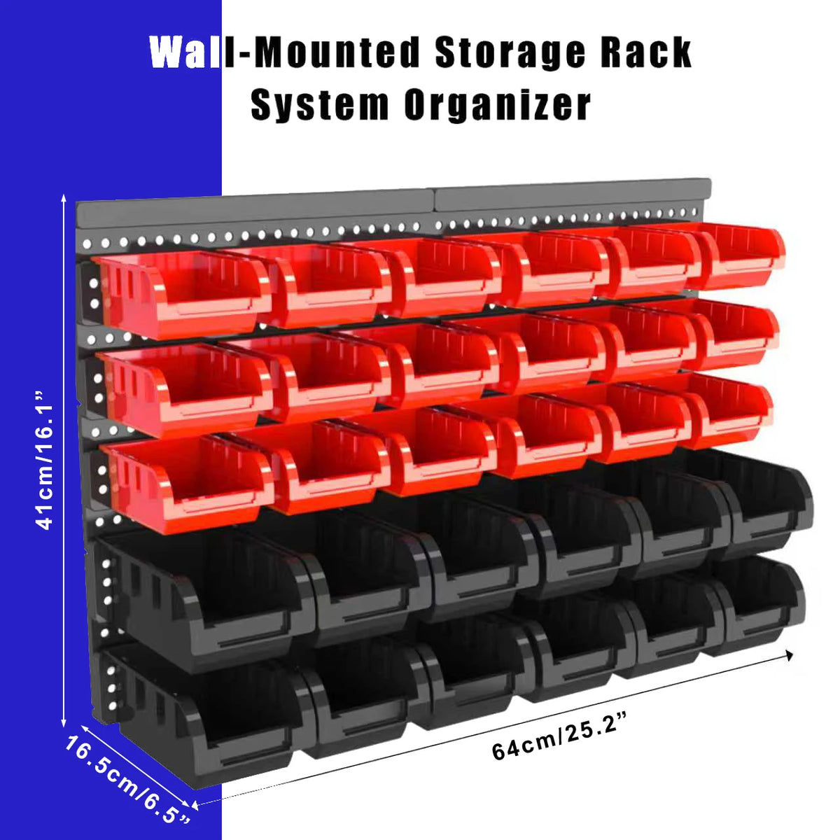 A wall-mounted storage rack system organizer featuring red and black plastic bins for storage.