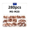 A clear plastic box containing 280 pieces of M5-M20 copper sealing washer sump plugs.