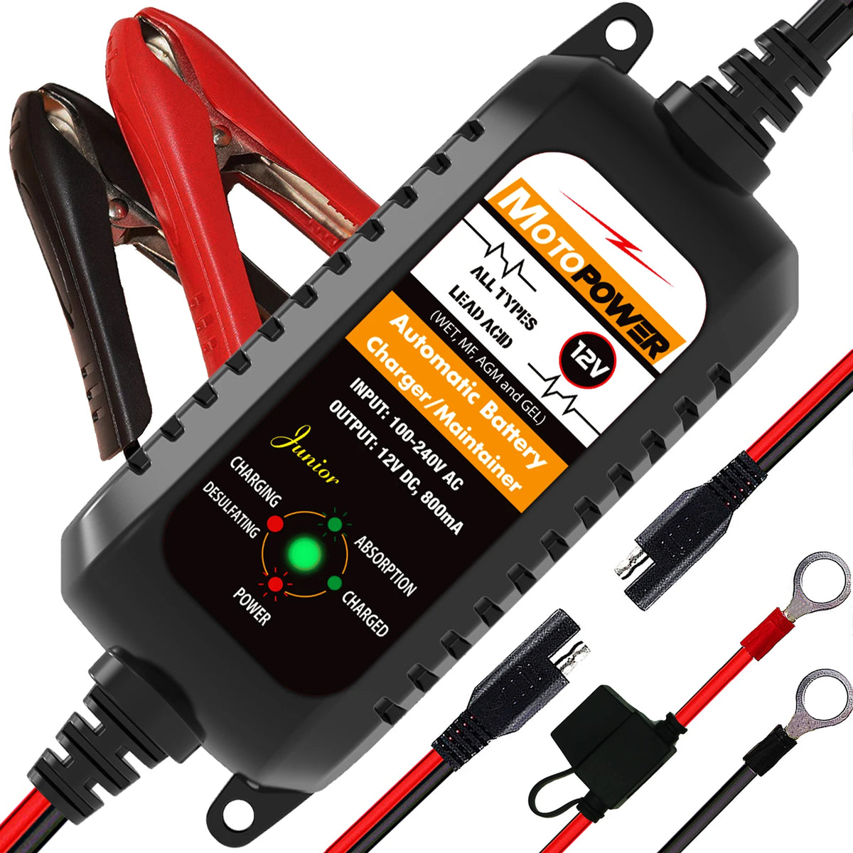 A black 12V automatic battery charger and maintainer unit with various cables and connectors.