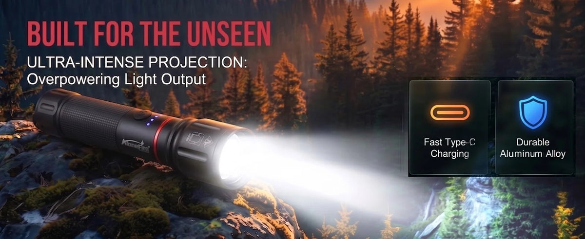 A powerful flashlight beam illuminates a forest landscape, highlighting features like fast Type-C charging and durable alumin