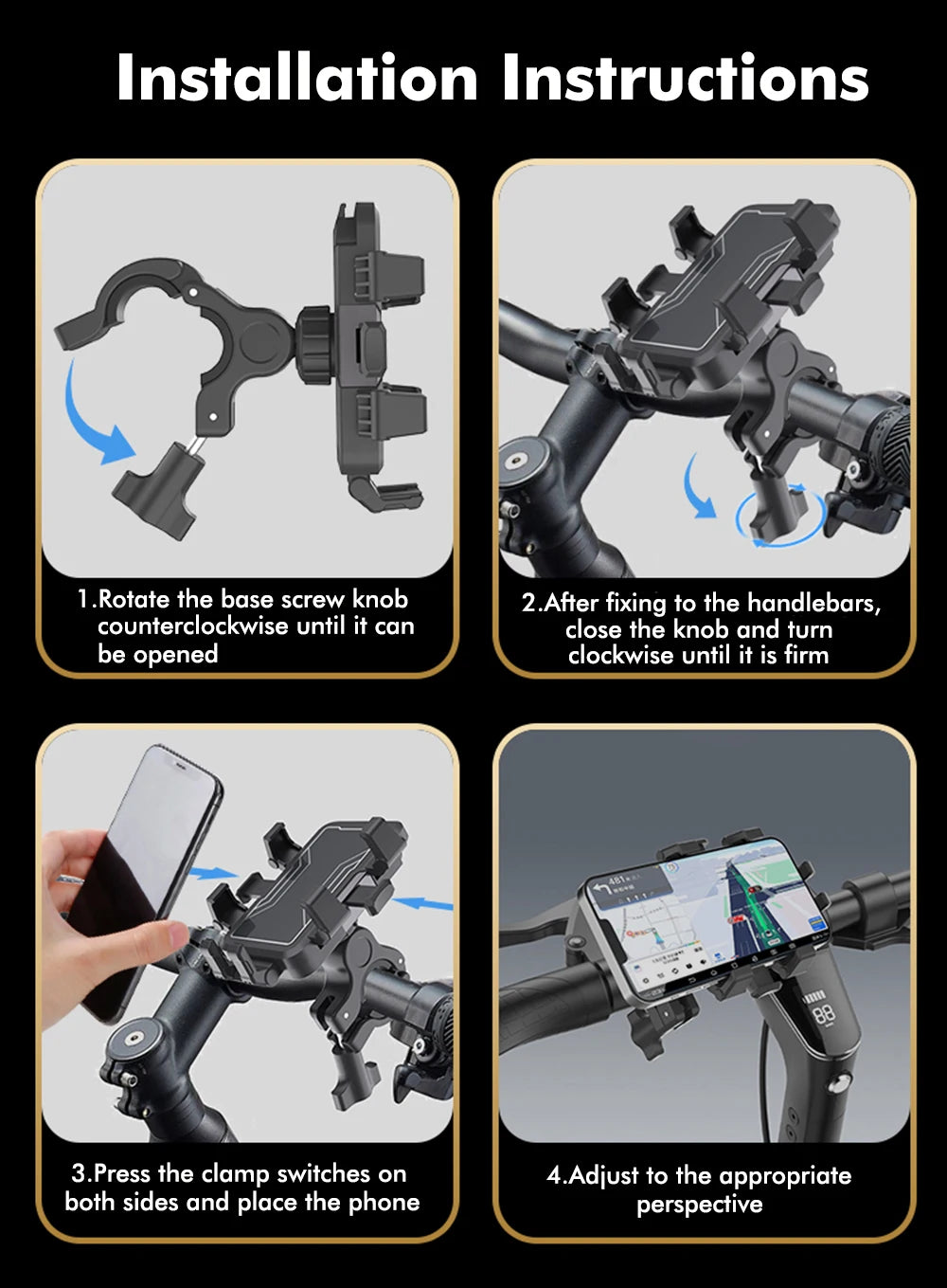 Installation instructions showing how to attach and adjust a secure bike phone mount.