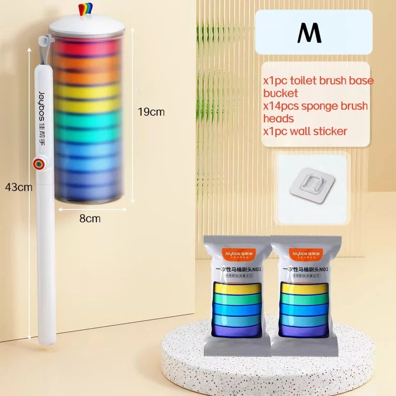 A long handle toilet brush set with a holder and disposable sponge brush heads is displayed next to various cleaning supplies