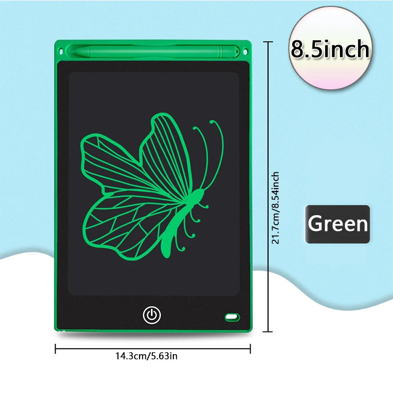 A green 8.5-inch LCD drawing tablet displaying a green butterfly outline on a black screen.