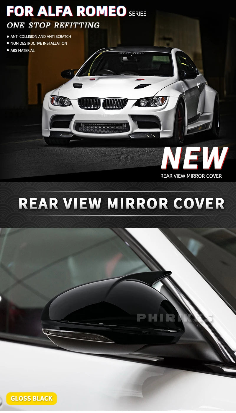 Gloss black rear view mirror cover for an Alfa Romeo series vehicle.
