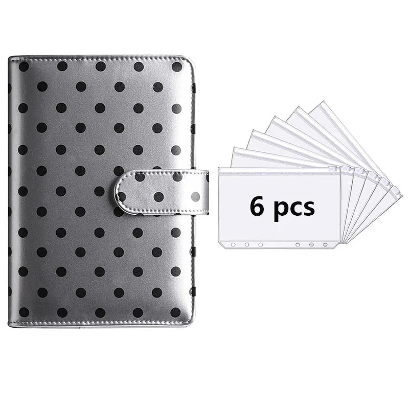 Silver polka dot PU leather binder wallet with cash envelopes and card holder