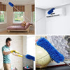 A blue extendable ceiling fan duster with a long handle and cleaning attachments is shown in various contexts.