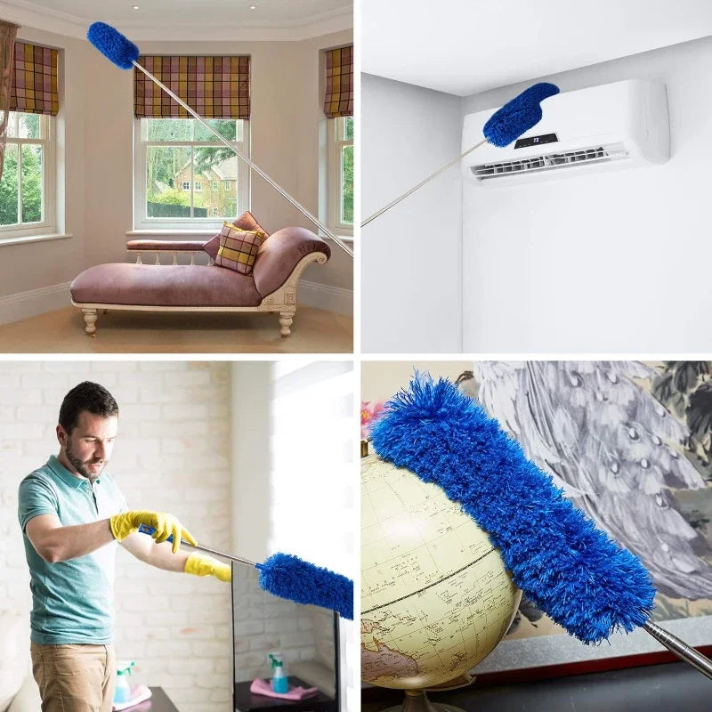 A blue extendable ceiling fan duster with a long handle and cleaning attachments is shown in various contexts.