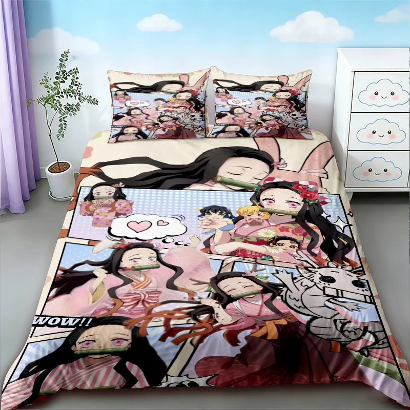Demon Slayer Nezuko duvet cover set featuring characters in pink and black designs