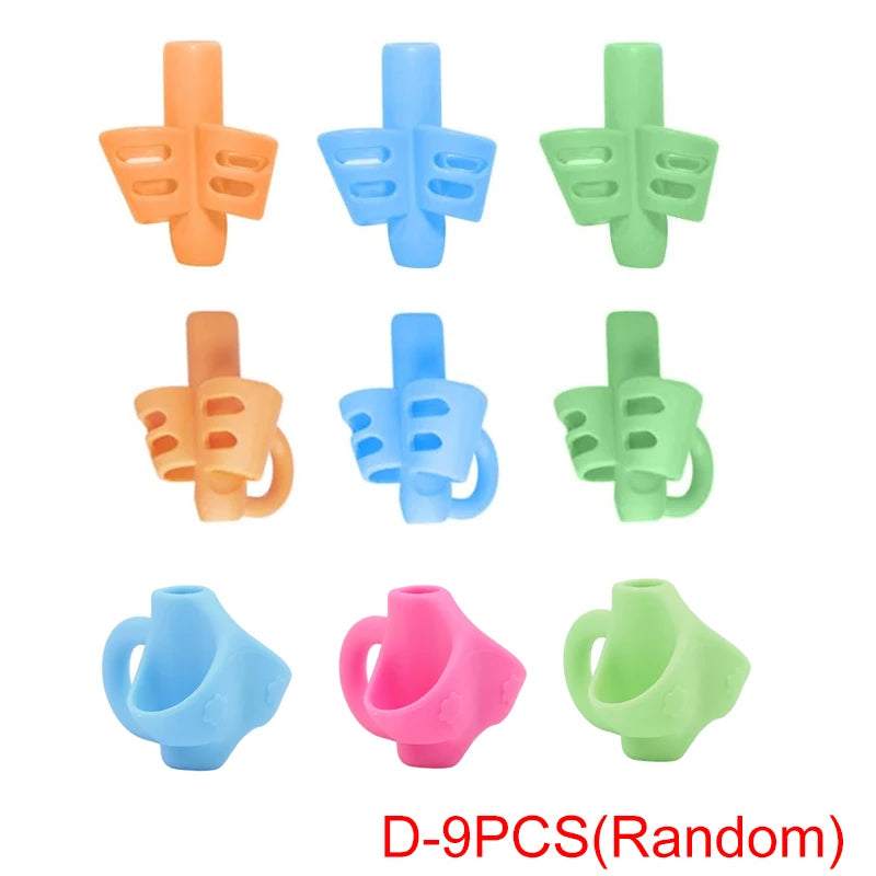 A set of nine colorful ergonomic pencil grip trainers for kids in orange, blue, and green.