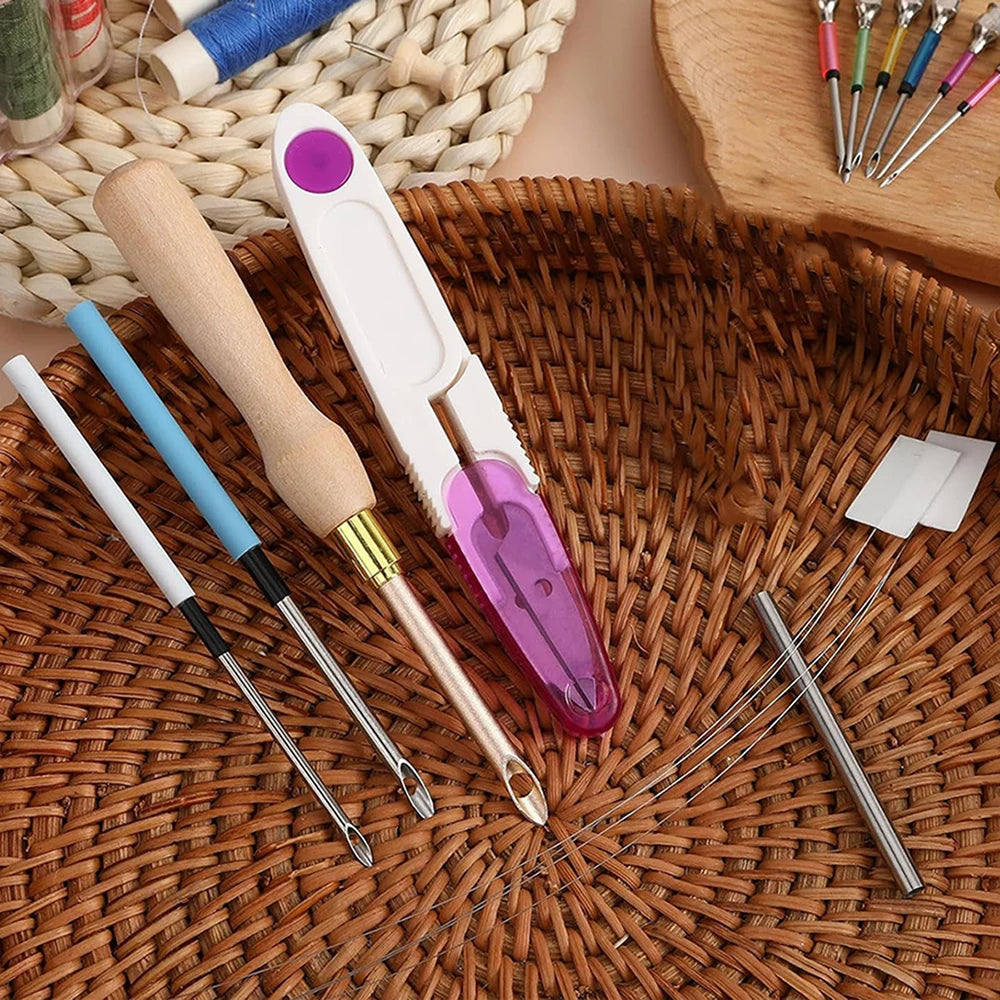 Complete 13-Piece Punch Needle Embroidery Kit with Wooden Handles