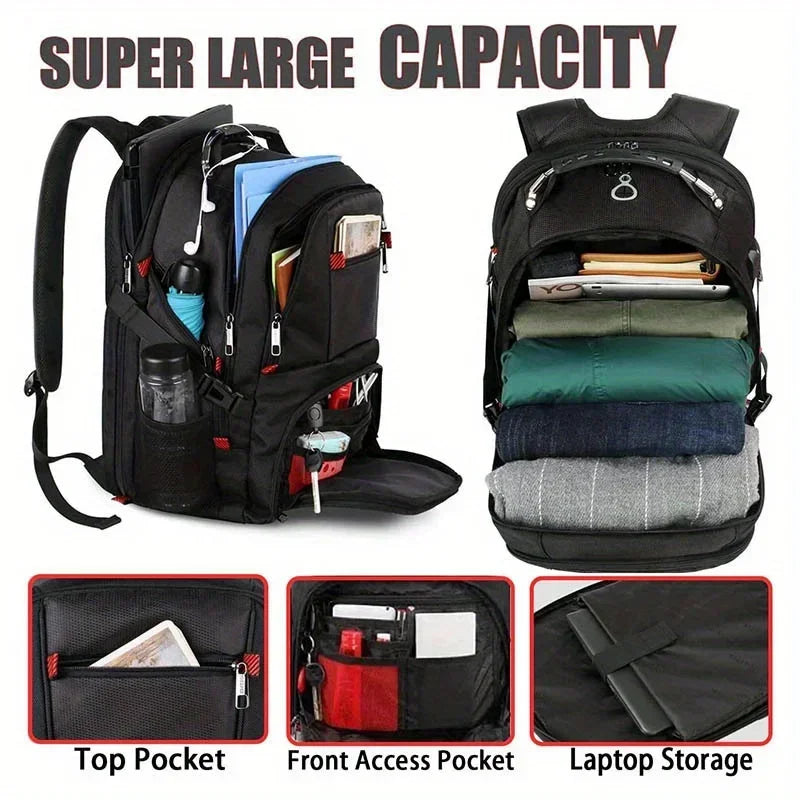 A black travel backpack with multiple compartments and a USB port, showing various storage features.