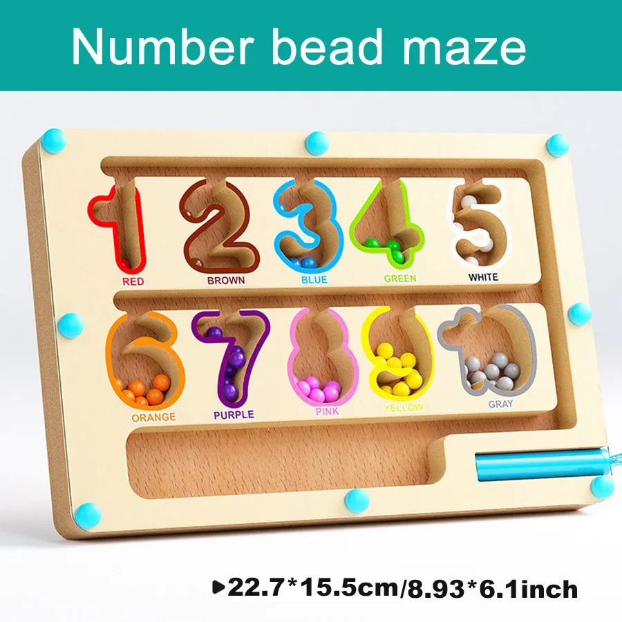A wooden number bead maze board with colored pegs for sorting and learning