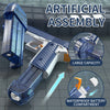 An artificial assembly product showing a blue and white water gun with a waterproof battery compartment.