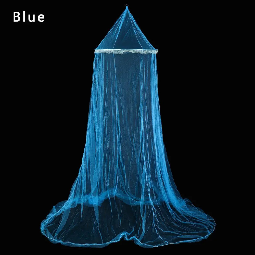 A blue elegant lace canopy mosquito net draped in a conical shape.