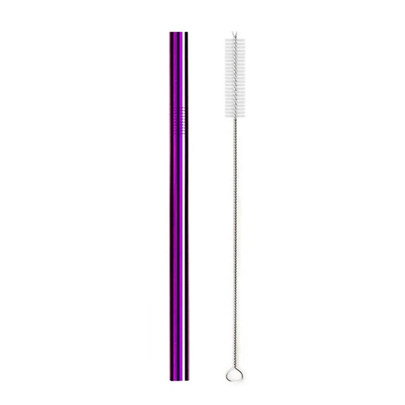 A reusable 304 stainless steel drinking straw with a cleaning brush, shown vertically.