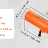 Orange handheld air blaster for tire bead seating, showing dimensions and pressure ratings.
